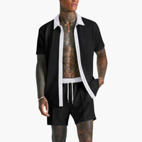Herren Sommer Set mit Kurzarmhemd und Kordelzug Shorts – Schwarz