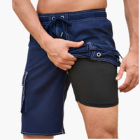 Herren Badeshorts mit Stretchstoff und Seitentasche – Navyblau