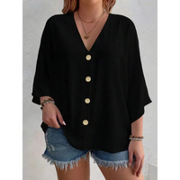 Isabella | Damen V-Ring-Top mit feinem Knopf-Detail – Schwarz