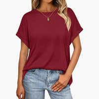 Damen Oversize T-Shirt mit Rundhals und Umschlagärmeln – Weinrot