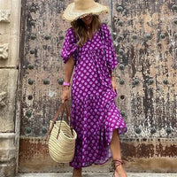 Damen Boho Blumen Bedrucktes Ibiza Kleid | Maxi – Lila