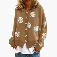 Damenstrick jacke mit Knopfverschluss und Blumenmuster – Khaki