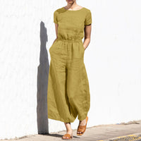 Gerader Jumpsuit mit Falten am Revers ohne Gürtel - Nora – Gelb Kurzarm