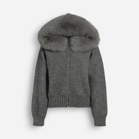 Strickjacke für Damen mit flauschiger Kapuze - kurz – Grau