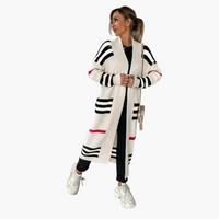 Damen Langer Strickjacke mit Streifen – Weiß