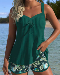 Olina | Gestreifter Tankini mit passenden 2-teiligen Badeshorts – Grün
