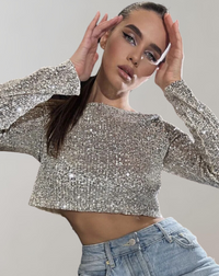 Heidi-Mode | Damen Glitzerpailletten-Crop-Top – Silber