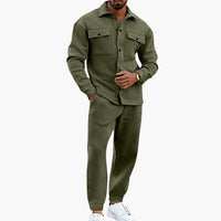 Zweiteiliges Herren Set mit Langarmhemd und Hose – Armee grün
