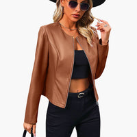 Damen Bikerjacke mit Rundhalsausschnitt und Reißverschluss – Braun