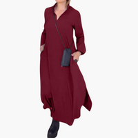 Emilia | Lockeres langes Kleid mit Revers und seitlichem Schlitz – Bordeaux