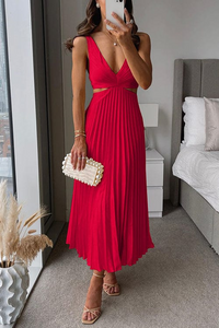 Heidi-Mode | Damen Plissee Satin Kleid – Rot
