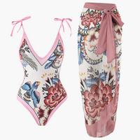 Badeanzug-Set für Damen - mit Blumenmuster und Pareo-Überwurf – Rosa