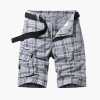 Herren Cargo Shorts mit Karomuster und Stoffgürtel – Grau