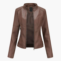 Damen Bikerjacke mit Stehkragen und Reißverschlusstaschen – Dunkelbraun