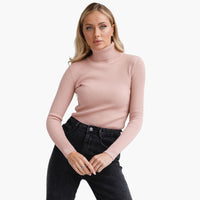 Damen Turtleneck Pullover mit gerippten Bündchen und Saum – Rosa