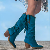 Sommerliche Cowboy Stiefel für Damen - Boho-Style Wildleder Stiefel mit Fransen – Blau