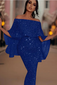 Heidi-Mode | Off-Shoulder Glitzer Maxi Kleid – Blau