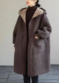 Women Blue Hooded Button Faux Fur Winter Coat – Kaffeebraun