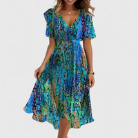 Helga | Damen Blumen Midikleid V-Ausschnitt Romantic Feminin Sommer – Blau/Grün