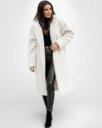 Langer Teddy-Fleece Mantel für Damen mit Kapuze – Weiß