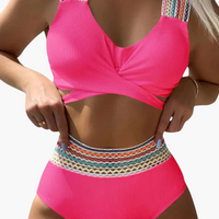 Gerippter High-Waist Bikini - Damen Zweiteiler für den Sommer – Rosa
