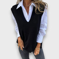 Lamielle – Strick-Weste mit V-Ausschnitt in Camel – Schwarz