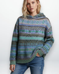 Damenpullover mit Kapuze im Norweger-Muster – Blau