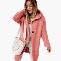 Damen Kapuzen Strickjacke mit offenem Schnitt und langen Ärmeln – Rot