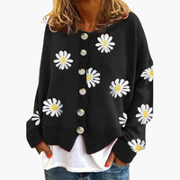 Damen Strickjacke mit Knopfverschluss und Blumenmuster – Schwarz