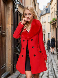 Liathelis | Luxuriöser Pelzkragen Trenchcoat mit Gürtel – Rot