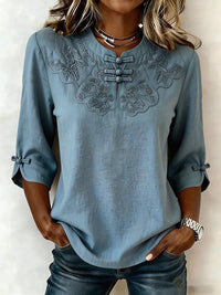 Cressida - Bestickte Bluse mit Mandarin-Kragen – Himmelblau