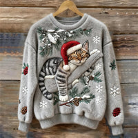 Elisabetta – Plüschpullover Mit Fauler Katze – Grau