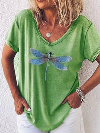 Eleanor | Libellenmuster V-Ausschnitt T-Shirt – Grün