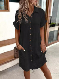 Buttoned Short Sleeve Pocket Casual Shirt Dress – Schwarz