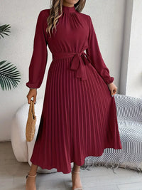 Damen Langarm Falten Kleid mit Gürtel – Bordeaux