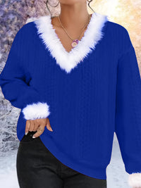 Reivlora | Weihnachtlicher Pullover mit Kunstfellbesatz – Blau