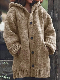 Lange Damen-Strickjacke mit Kapuze | Warme – Khaki
