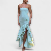 Zuri - Asymmetrisches Off-Shoulder Maxi-Kleid in Slim Fit – Grün