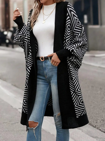 Rerzelha | Moderner geometrischer Strickjacke mit langen Ärmeln und mittlerer Länge