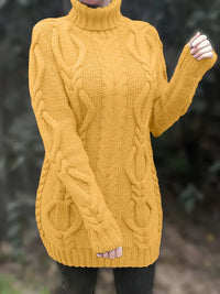 Narda - Klobig Kabel Gestrickt Rollkragen Kleid – Gelb