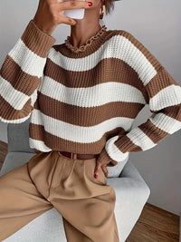 Cliraya | Verspieltes Muster Lässiger Colorblock-Gestreifter Strickpullover – Braun