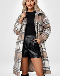 Langer Damen Wintermantel mit Karomuster – Khaki