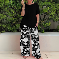 Abigail | Weites Bein Blumenmuster Zweiteiliges Set – Carbon Schwarz