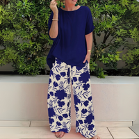 Abigail | Weites Bein Blumenmuster Zweiteiliges Set – Marine