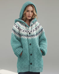Damen Strickjacke mit Kapuze und Knöpfen - lang – Hellgrün