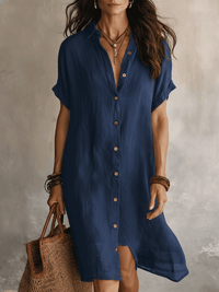 Heike | Bequemes Leinenkleid mit Knopfleist – Blau