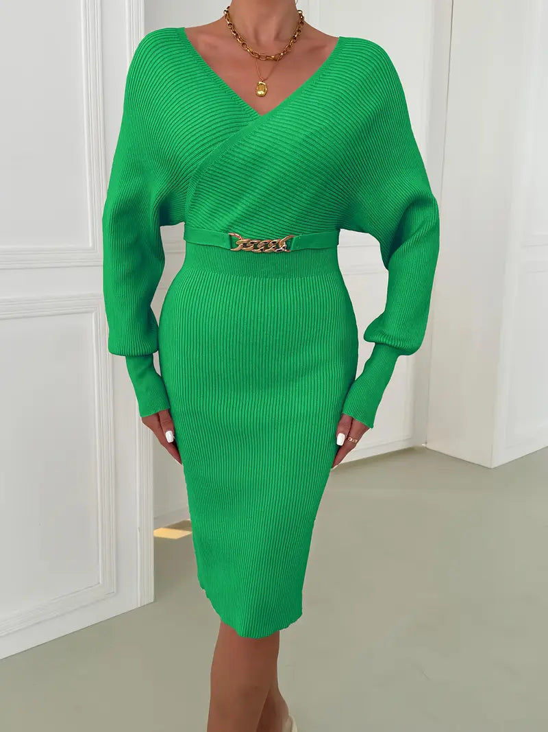 Exxy | Sexy V-Ausschnitt Midikleid mit langen Ärmeln für Herbst und Winter