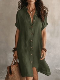 Heike | Bequemes Leinenkleid mit Knopfleist – Grün