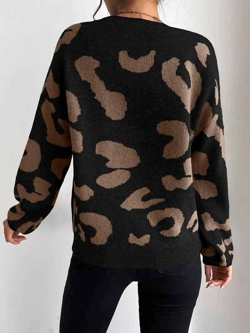 Cliala | Eleganter Pullover mit Rundhalsausschnitt und Geparden-Print und fließenden Glockenärmeln