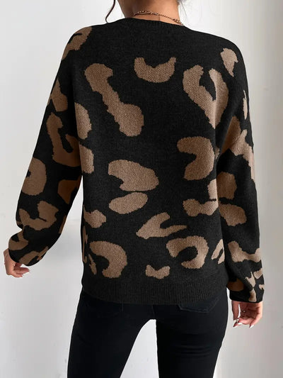 Cliala | Eleganter Pullover mit Rundhalsausschnitt und Geparden-Print und fließenden Glockenärmeln